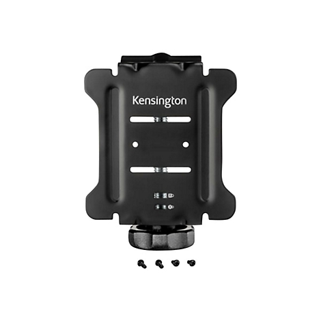 Schwarze Kensington Monitor-Montageplatte mit Befestigungsschrauben vor weißem Hintergrund.