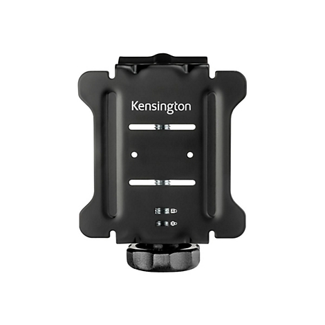 Schwarze Kensington-Monitorhalterung mit Verstellschraube und Schloss-Symbolen vor weißem Hintergrund.