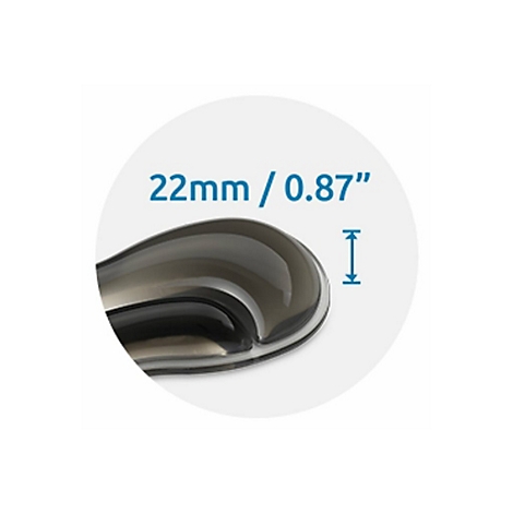 Detailaufnahme einer ergonomischen Handgelenkauflage, mit Maßangabe: 22mm/0,87".