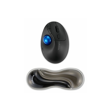 Schwarze Kensington Trackball Maus und Handgelenkauflage, blaues Trackball-Rad, weißer Hintergrund.