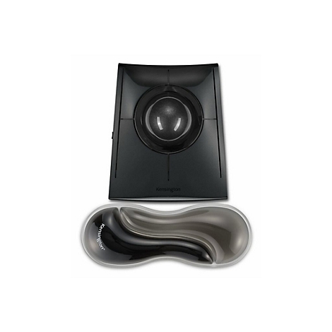 Schwarze Trackball-Maus und Handballenauflage, beide auf weißem Hintergrund. Die Trackball-Maus hat eine glänzende Oberfläche und eine Kugel in der Mitte. Die Auflage hat einen geschwungenen Verlauf.