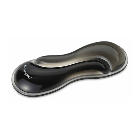 Schwarze, ergonomische Handgelenkauflage mit Kensington-Logo. Die Auflage hat eine transparente, gelartige Oberseite.