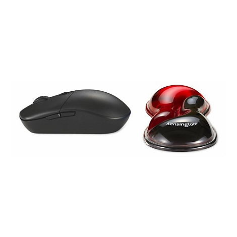 Ein schwarze Maus und ein roter Trackball vor weißem Hintergrund. Der Trackball hat den Schriftzug 'Kensington'.