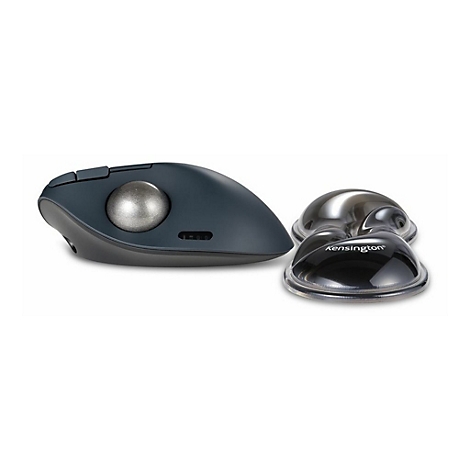 Drahtlose ergonomische Trackball-Maus in Dunkelgrau und eine transparente Handgelenkauflage. Auf der Maus befindet sich eine Kugel.