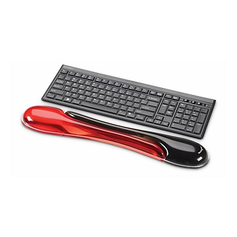 Schwarze Tastatur mit Handgelenkauflage in Rot und Schwarz auf weißem Hintergrund.