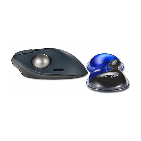 Dunkelgraue Trackball-Maus mit silberner Kugel neben einer schwarzen und blauen Ergonomiemaus. "Kensington" ist auf der Basis der Ergonomiemaus aufgedruckt.