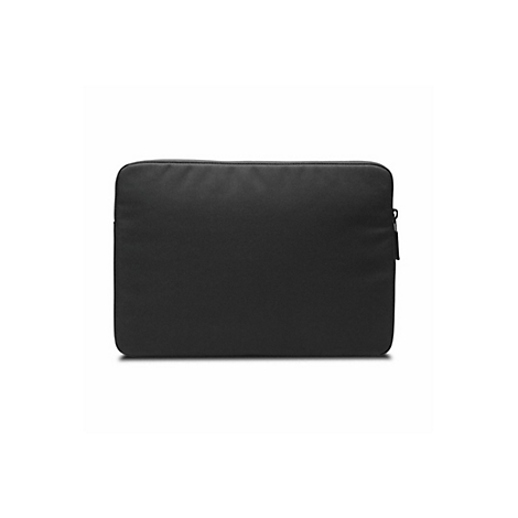 Housse d'ordinateur portable rectangulaire noire avec fermeture éclair sur fond blanc.