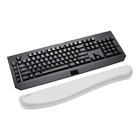 Schwarze Tastatur mit Handgelenkstütze, isoliert auf weißem Hintergrund. Die Tastatur hat weiße Buchstaben und Symbole auf den Tasten. Die Handgelenkstütze ist weiß und mit dem Schriftzug Kensington versehen.