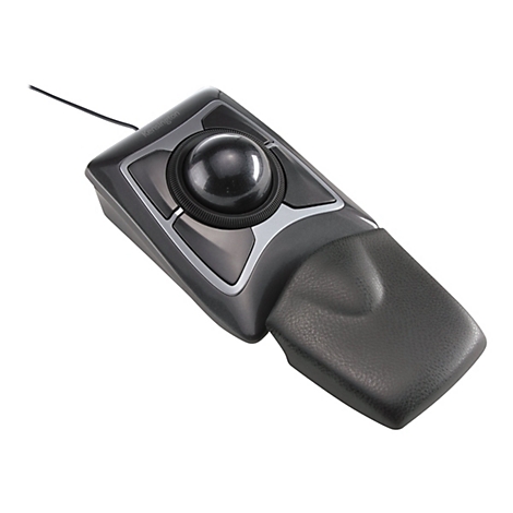 Ein ergonomischer Trackball-Maus von Kensington, hauptsächlich in dunklen Grautönen gehalten. Der Ball ist glänzend schwarz, daneben befinden sich Tasten und ein Handgelenkpolster.
