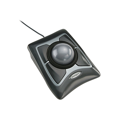 Grauer Trackball-Maus, mit Kugel, Kabel und Kensington-Logo.