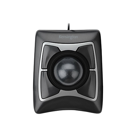 Grauer Trackball mit silbernen Akzenten, schwarzem Ball und Kensington-Logo.
