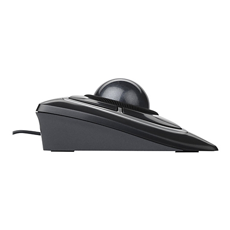 Drahtlose Trackball-Maus in Grau. Der Trackball befindet sich auf einer schrägen Basis, das Design ist stromlinienförmig.