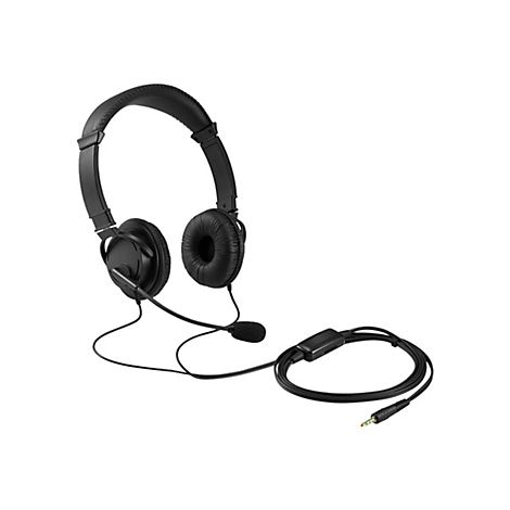 Schwarzes Headset mit Mikrofon und Kabel, auf weißem Hintergrund.