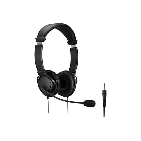 Schwarzes Headset mit Mikrofon und Klinkenstecker, isoliert auf weißem Hintergrund.