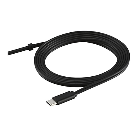 Ein schwarzes USB-C-Kabel in Form einer Schlaufe auf weißem Hintergrund.