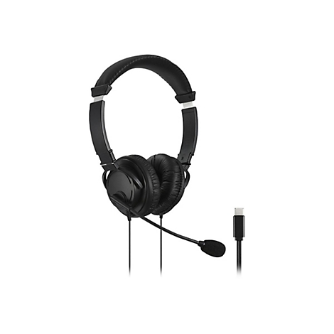 Casque noir avec microphone et connecteur USB-C sur fond blanc.