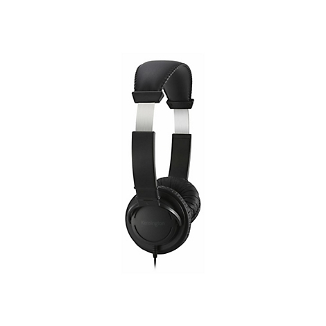 Casque noir, de face, avec support blanc et cÃ¢ble.