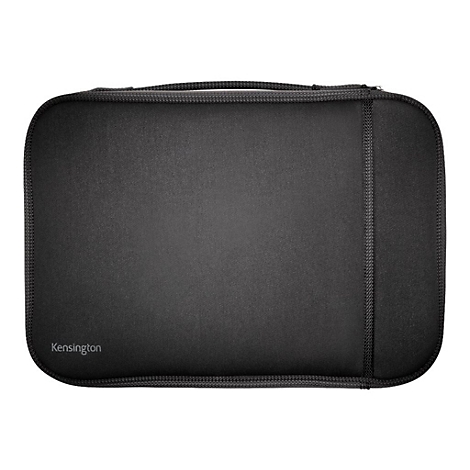 Sac d'ordinateur portable noir avec fermeture éclair. Le mot "Kensington" est dans le coin inférieur.