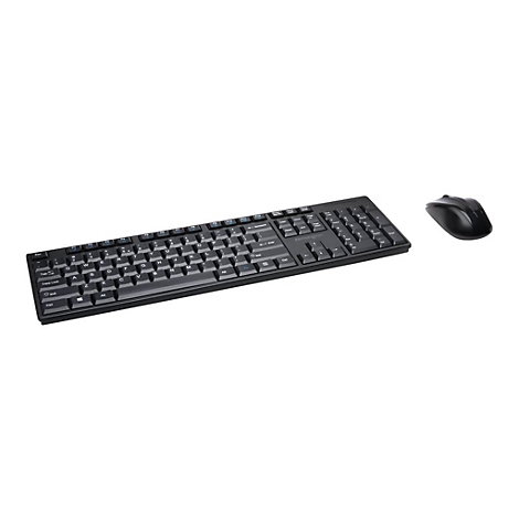 Clavier et souris noirs. Le clavier a des lettres et des chiffres blancs. La souris est de forme ergonomique.