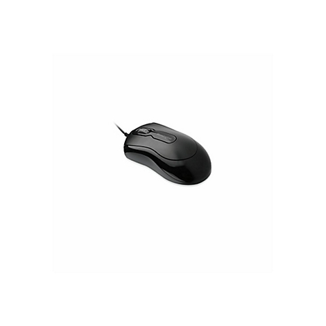 Schwarze Computermaus mit Kabel, auf weißem Hintergrund. Die Maus hat zwei Tasten und ein Scrollrad.