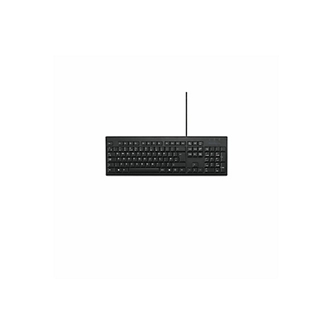 Schwarze Tastatur vor weißem Hintergrund. Mit Kabel verbunden.