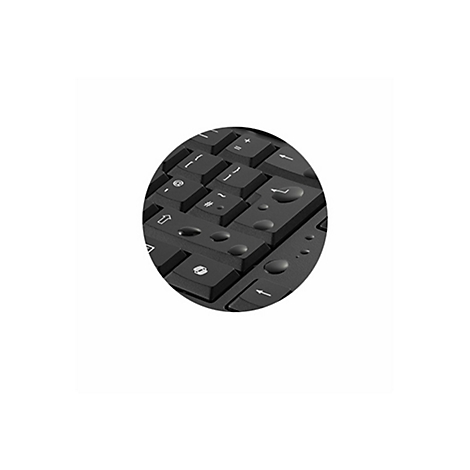 Detailaufnahme einer schwarzen Tastatur mit Wassertropfen.