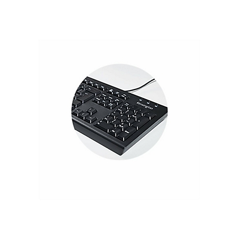 Schwarze Kensington Tastatur, in weißem Kreis vor weißem Hintergrund. Beschriftung: Kensington.