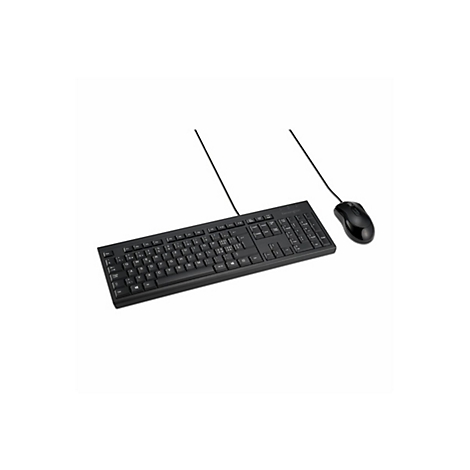 Schwarze Tastatur und Maus auf weißem Hintergrund. Die Tastatur hat ein Kabel, die Maus ist ebenfalls mit einem Kabel verbunden.
