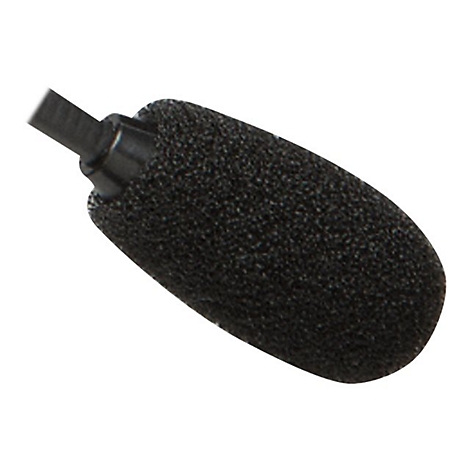 Gros plan d'une bonnette de microphone noire avec connexion au câble.