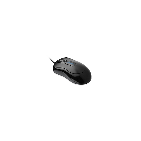Souris d'ordinateur noire avec câble. Il y a un logo de marque sur le dessus.
