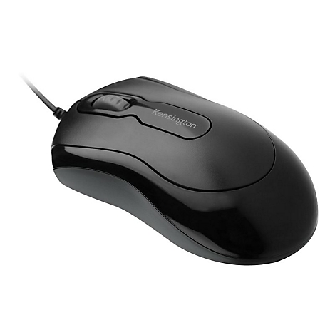 Souris Kensington noire sur fond blanc. Avec câble, molette de défilement et logo.