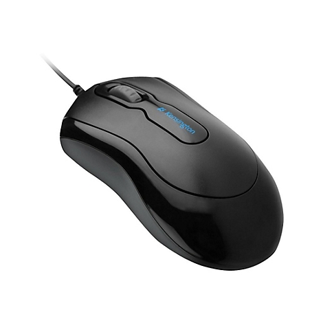 Souris d'ordinateur noire avec logo Kensington. Dessus avec molette de défilement. Connexion par câble.