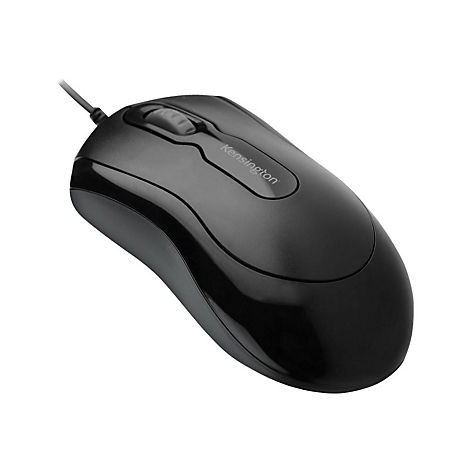 Schwarze Kensington Maus, Kabelanschluss, Scrollrad und Kensington Logo.