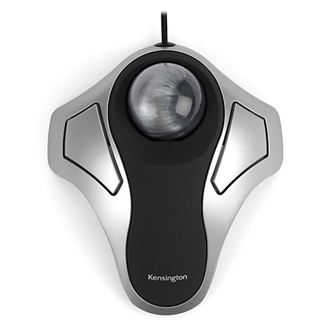 Wireless trackball mouse. Silver casing, black center, ball in the middle.