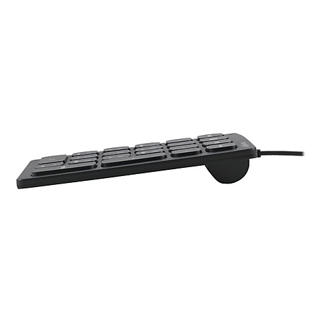 Clavier ergonomique noir avec câble, présenté de côté en biais. Touches rectangulaires, bas arrondi.