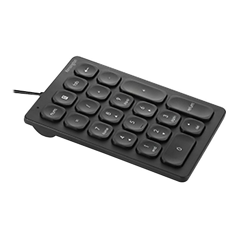 Pavé numérique noir avec touches rondes, lettrage blanc et câble.