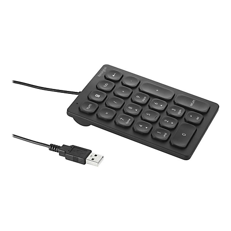 Pavé numérique Kensington noir avec câble USB. Les touches sont étiquetées, y compris les chiffres et les touches de fonction.