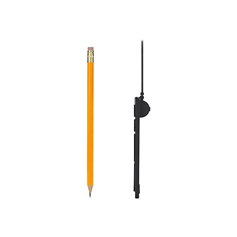 Crayon jaune et télécommande noire sur fond blanc. Le crayon est taillé, la télécommande a des boutons.
