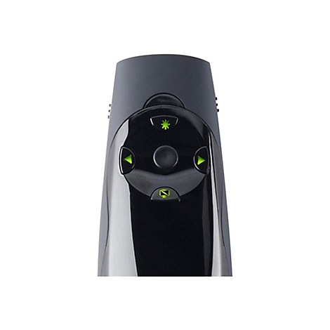 Nahaufnahme eines schwarzen Präsentations-Clickers mit grünen beleuchteten Pfeiltasten und Symbolen.