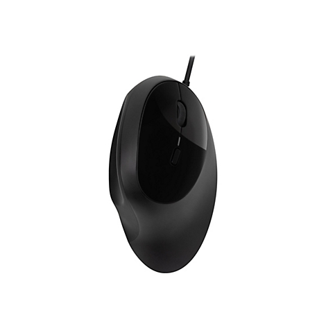 Schwarze Computermaus vor weißem Hintergrund. Die Maus hat eine ergonomische Form, eine mittlere und zwei Seitentasten.