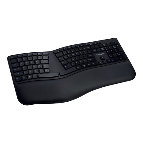 Clavier ergonomique noir sur fond blanc. Le clavier est divisé en deux sections et a une forme incurvée.