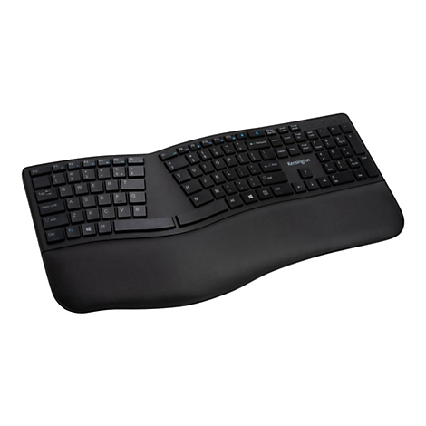 Clavier Kensington ergonomique noir, de forme incurvée avec repose-poignet.