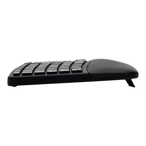 Vue latérale d'un clavier ergonomique noir avec un repose-poignets intégré et des pieds pliables.