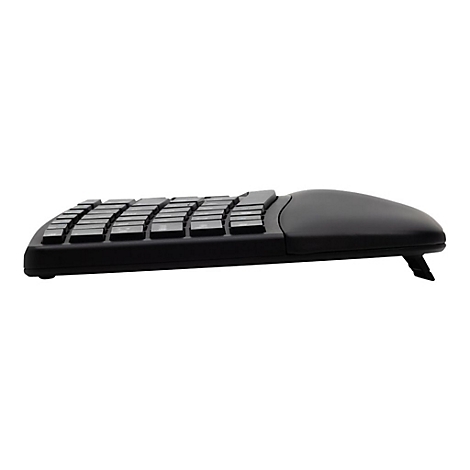 Clavier ergonomique noir, vu légèrement d'en haut, avec des touches et un repose-poignet.