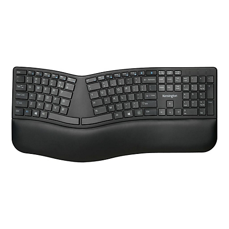 Clavier ergonomique noir, vue de dessus. Le clavier est divisé et possède un repose-poignet intégré. Le mot Kensington est visible.