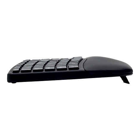 Vue latÃ©rale d'un clavier ergonomique noir, avec touches divisÃ©es et repose-poignets.