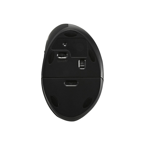 Schwarze Computermaus von unten. Sichtbar: Ein-Aus-Schalter, Sensoren und Pads.