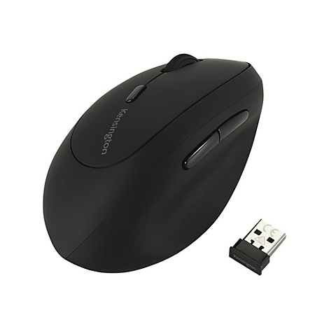 Schwarze Kensington-Maus, Rollrad, zwei Seitentasten. Inklusive USB-Empfänger mit Kensington-Logo.