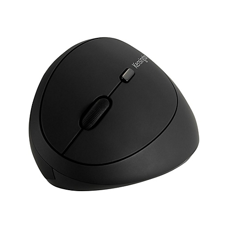 Schwarze ergonomische Maus mit Kensington-Logo, Scrollrad und Maustasten.