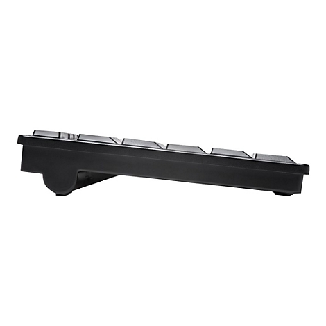 Seitenansicht einer schwarzen Tastatur, die leicht abgewinkelt ist.
